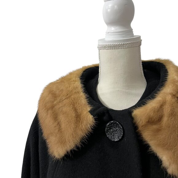 Vintage 60s Youthcraft Old Hollywood Long Black‎ Wool Coat Brown Mink Fur USA LG - Picture 2 of 9